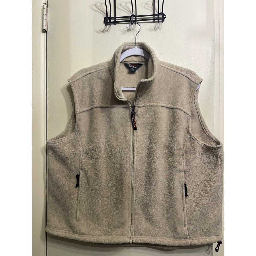 LL Bean Mens Fleece Vest Tan Beige Full Zip Outdoor Layering O MW27 Lg